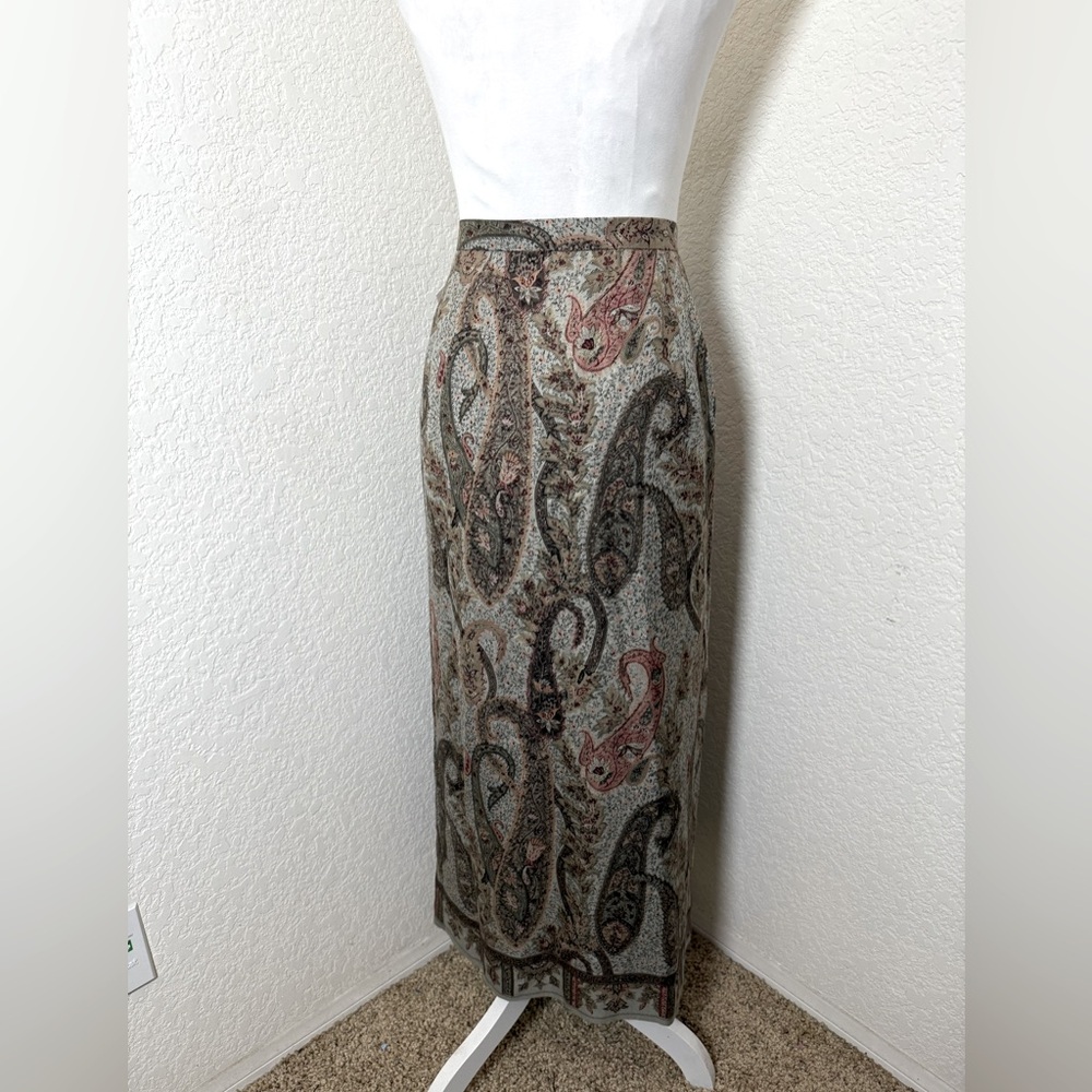Vintage Talbots Paisley 100% Silk Wrap Maxi Skirt Silver/Beige/Brown 14. NWT